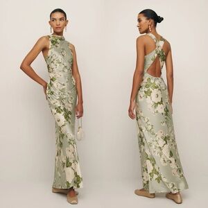 NEW Reformation Anaiis Silk Maxi Dress Tarragon Green Floral Open Back High Neck